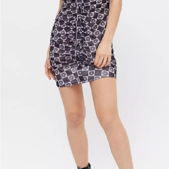 Urban Outfitters Riko Mesh Button Front Mini Dress Ruched Floral Bodycon XS - Picture 4 of 13